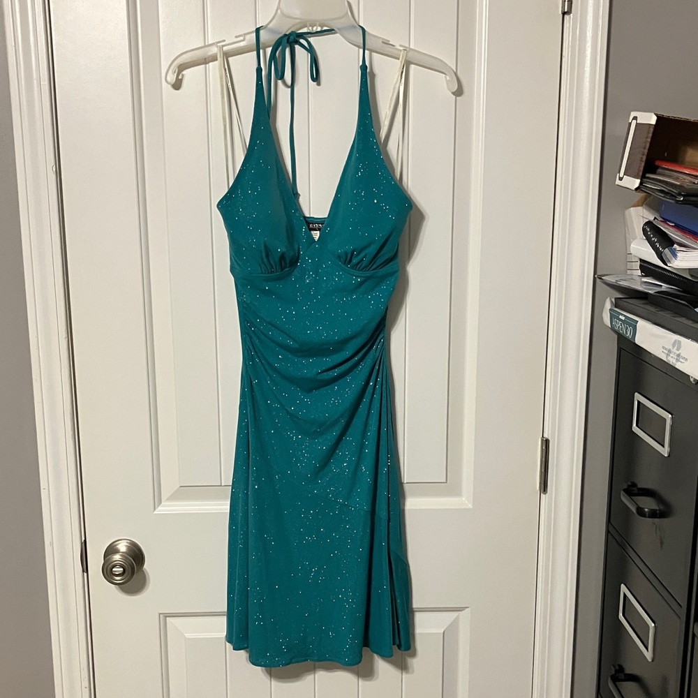 City Triangles Teal Sparkle Backless Dress